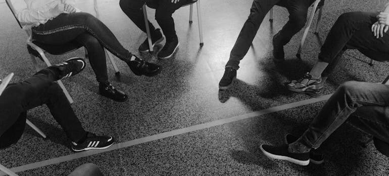 grayscale group of people sitting