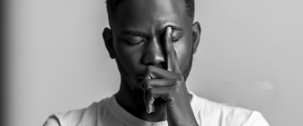 A person in a white shirt holds a finger to their lips, evoking a sense of silence and contemplation against a muted background.
